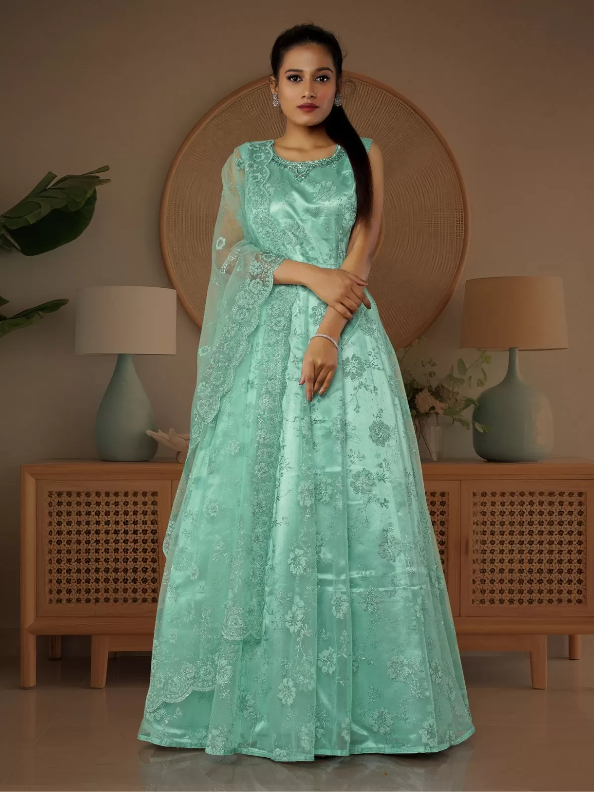 Odette Sea Green Net  Embroidered Stitched Gown  for Women