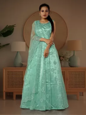 Odette Sea Green Net  Embroidered Stitched Gown  for Women