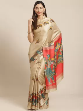 Odette Women Beige Casual Bhagalpuri Printed Saree With Unstitched Blouse