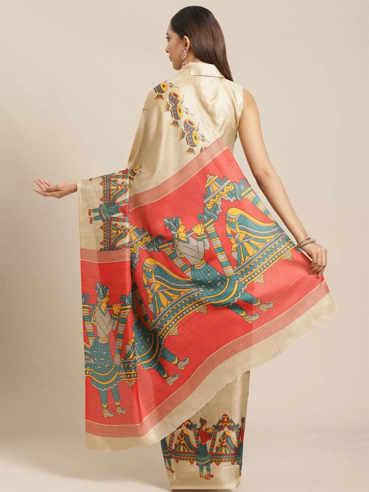 Odette Women Beige Casual Bhagalpuri Printed Saree With Unstitched Blouse