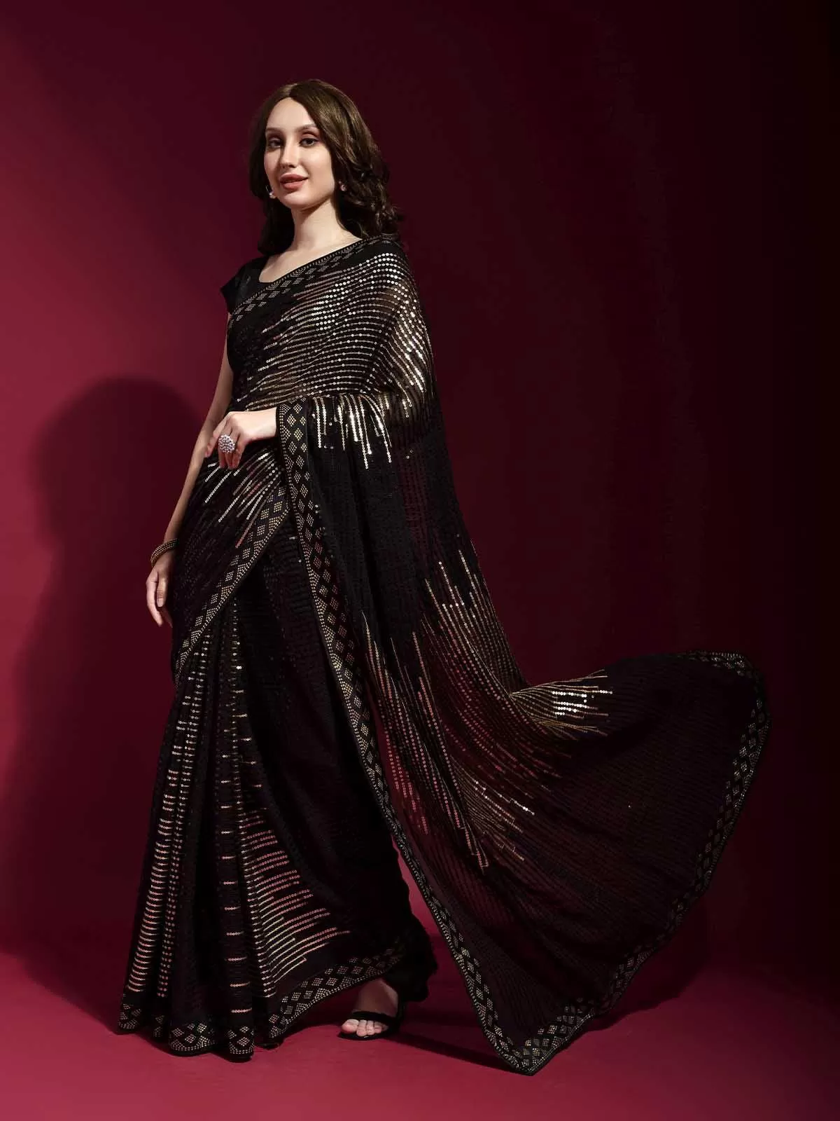 Odette Women Black And Gold Georgette Sequence Saree With Unstitched Blouse