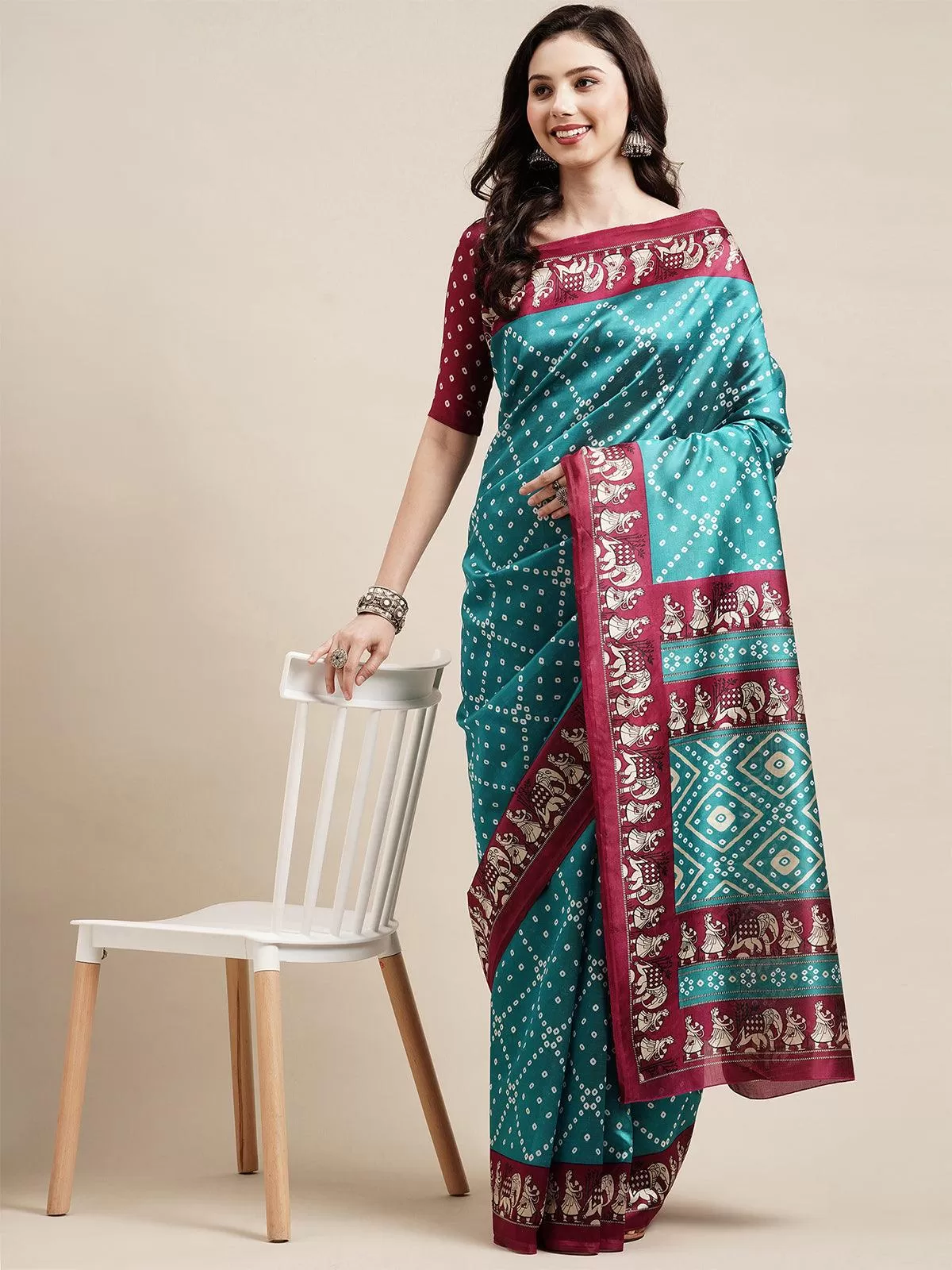 Odette Women Blue Casual Art Silk Printed Saree With Unstitched Blouse