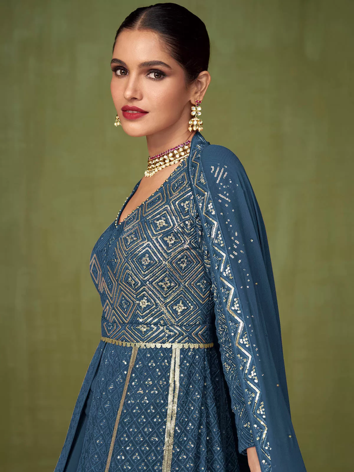 Odette Women Blue Embroidered Georgette A-Line Semi-Stitched Anarkali Suit