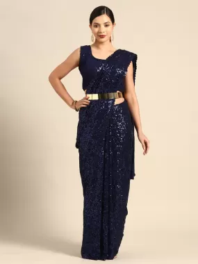 Odette Women Blue Georgette Designer Blue Sequins Saree With Unstitched Blouse