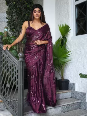 Odette Women Deep Purple Sequin Saree With Unstitched Blouse