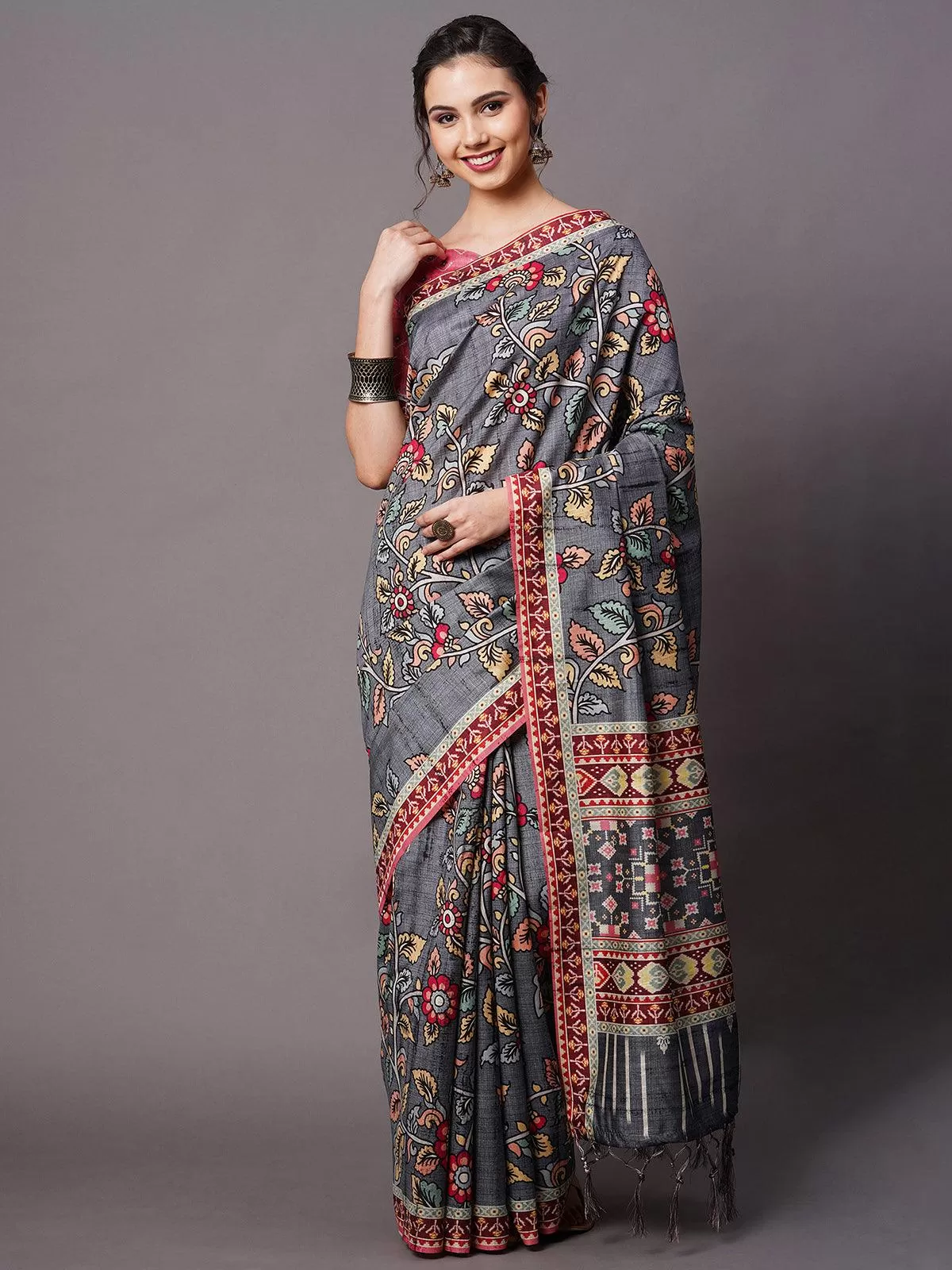 Odette Women Grey Festive Bhagalpuri Silk Printed Saree With Unstitched Blouse