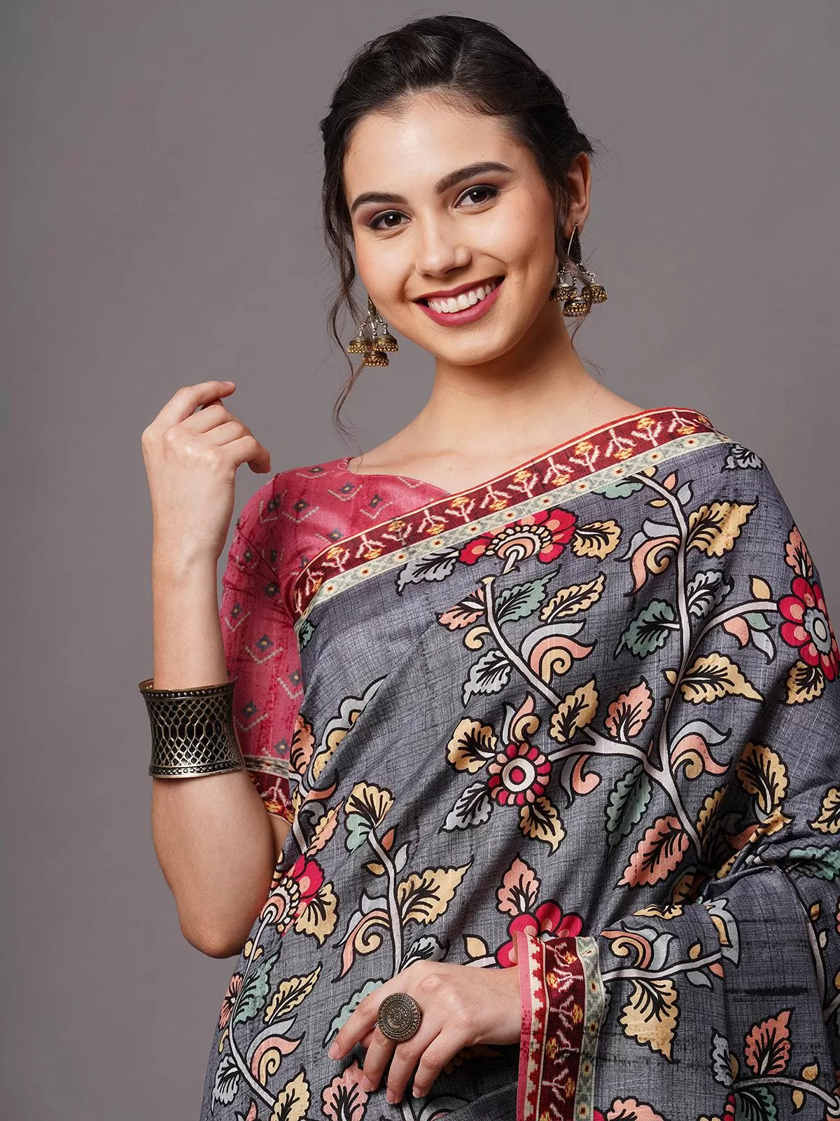 Odette Women Grey Festive Bhagalpuri Silk Printed Saree With Unstitched Blouse