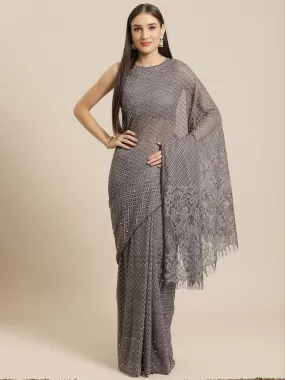 Odette Women Grey Party Wear Net(Super Net) Solid Saree With Unstitched Blouse