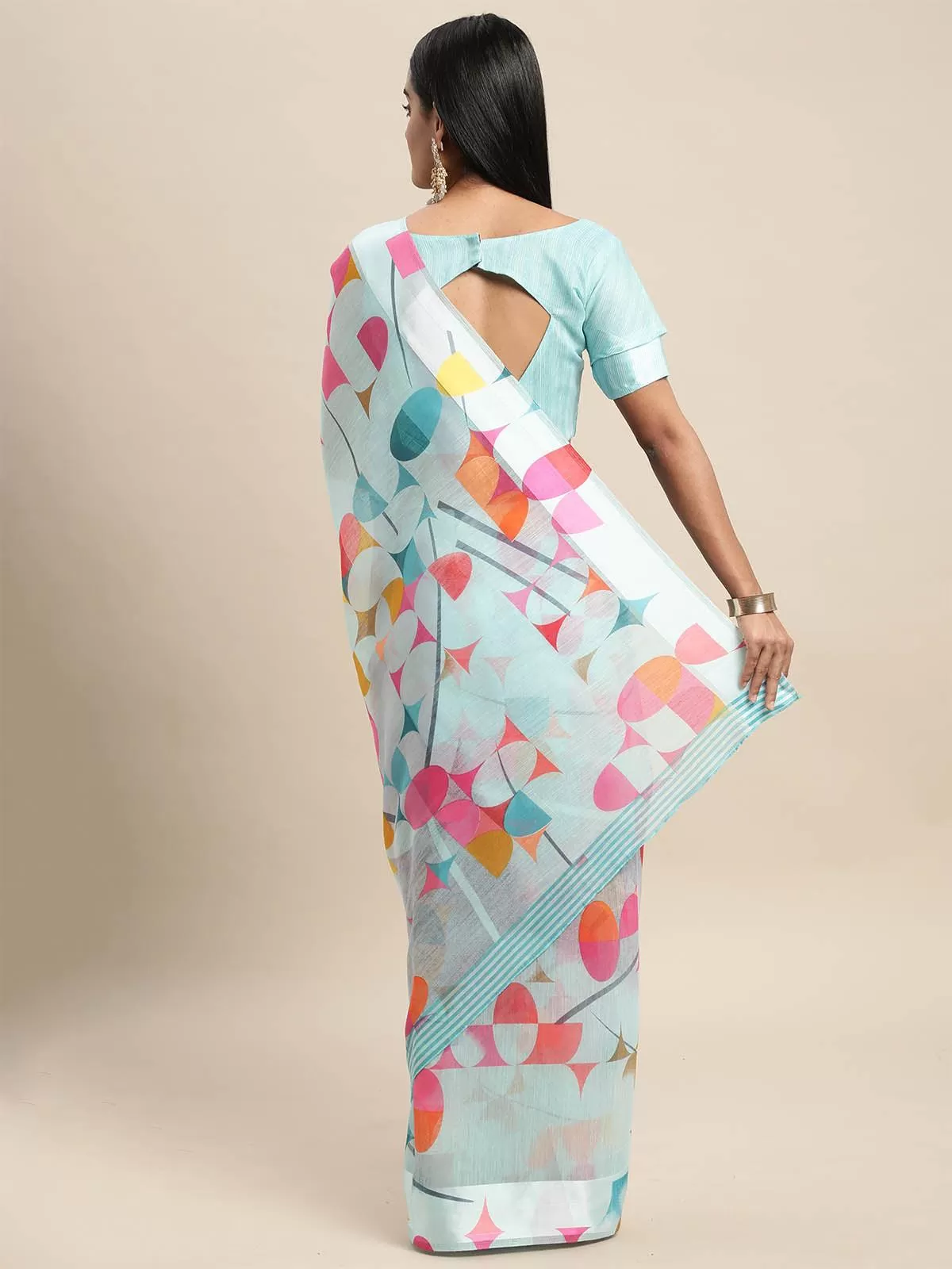 Odette Women Linen Turquoise Printed Designer Saree With Blouse Piece