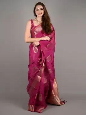 Odette Women Magenta Organza Woven Saree With Unstitched Blouse