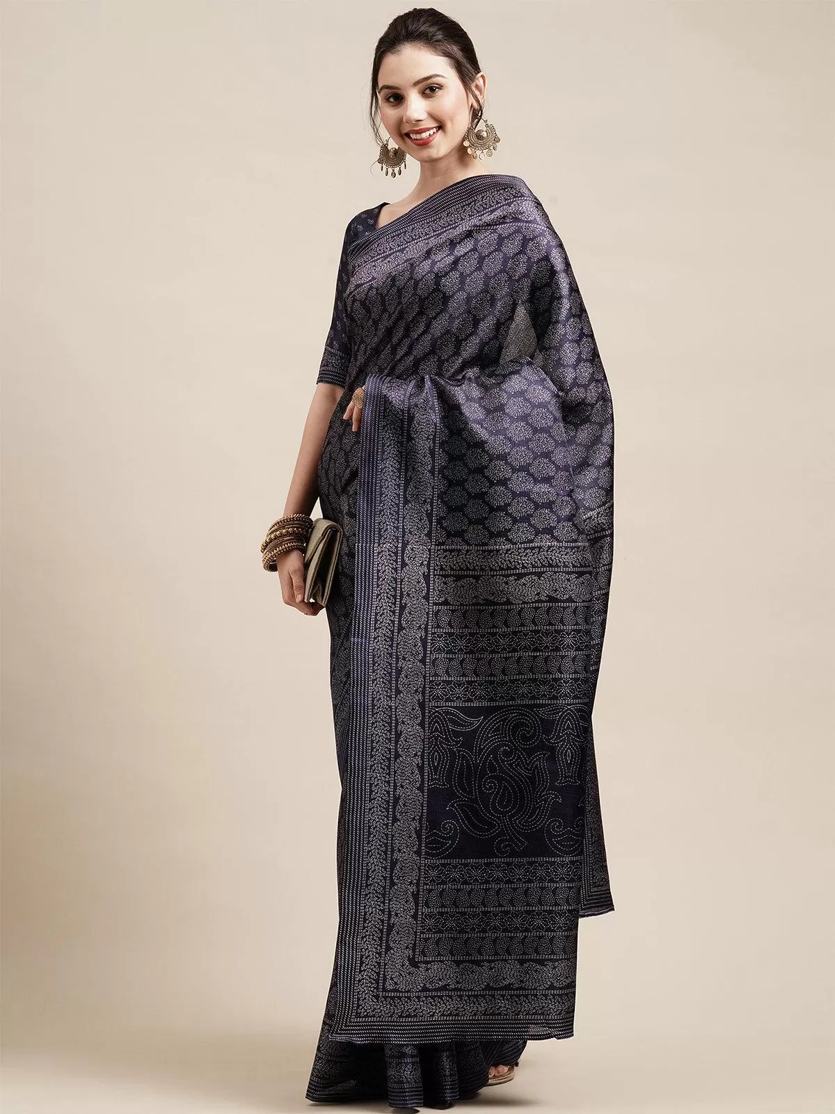 Odette Women Navy Blue Casual Bhagalpuri Silk Printed Saree With Unstitched Blouse