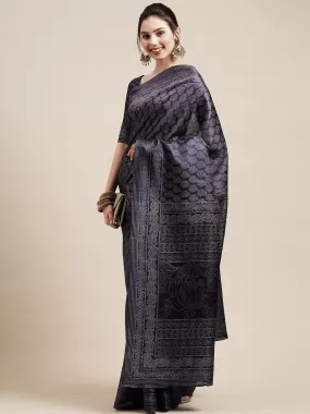 Odette Women Navy Blue Casual Bhagalpuri Silk Printed Saree With Unstitched Blouse