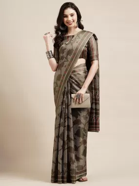 Odette Women Olive Green Casual Bhagalpuri Silk Printed Saree With Unstitched Blouse