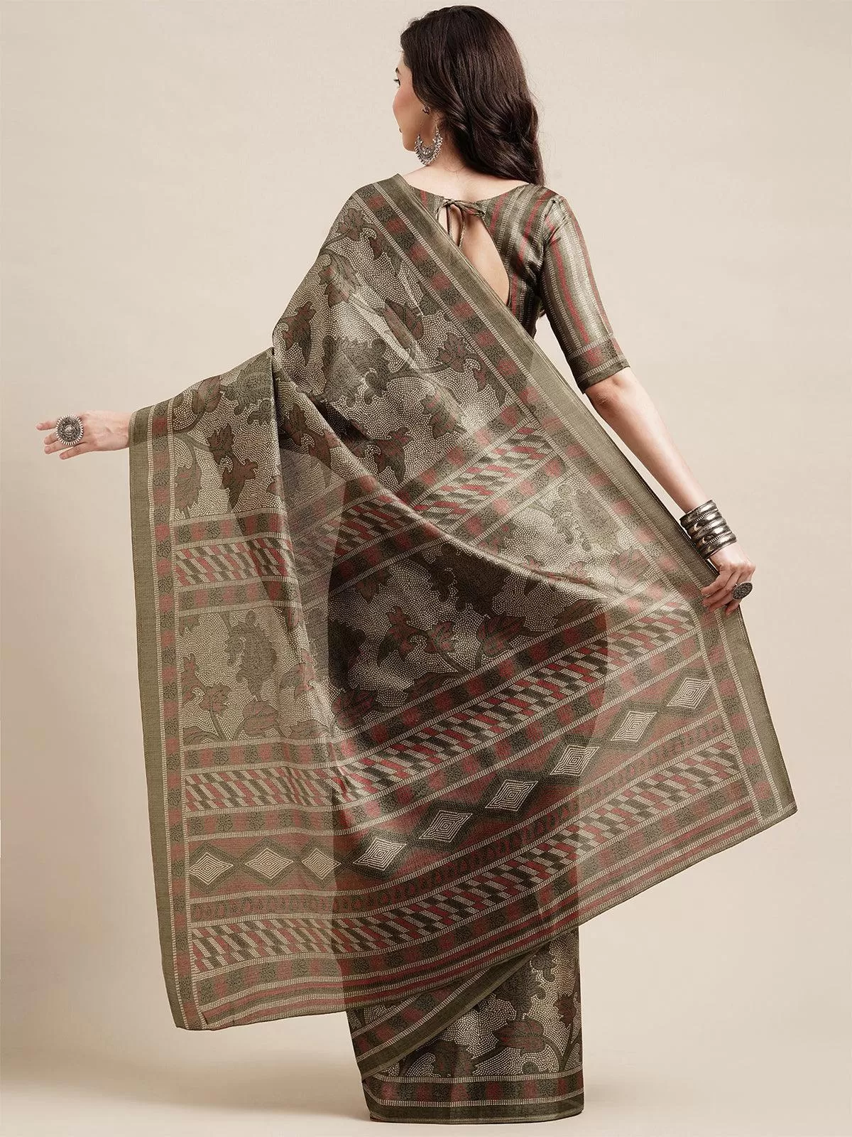 Odette Women Olive Green Casual Bhagalpuri Silk Printed Saree With Unstitched Blouse