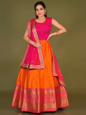 Odette Women Orange Banarasi Silk Woven Stitched Gown