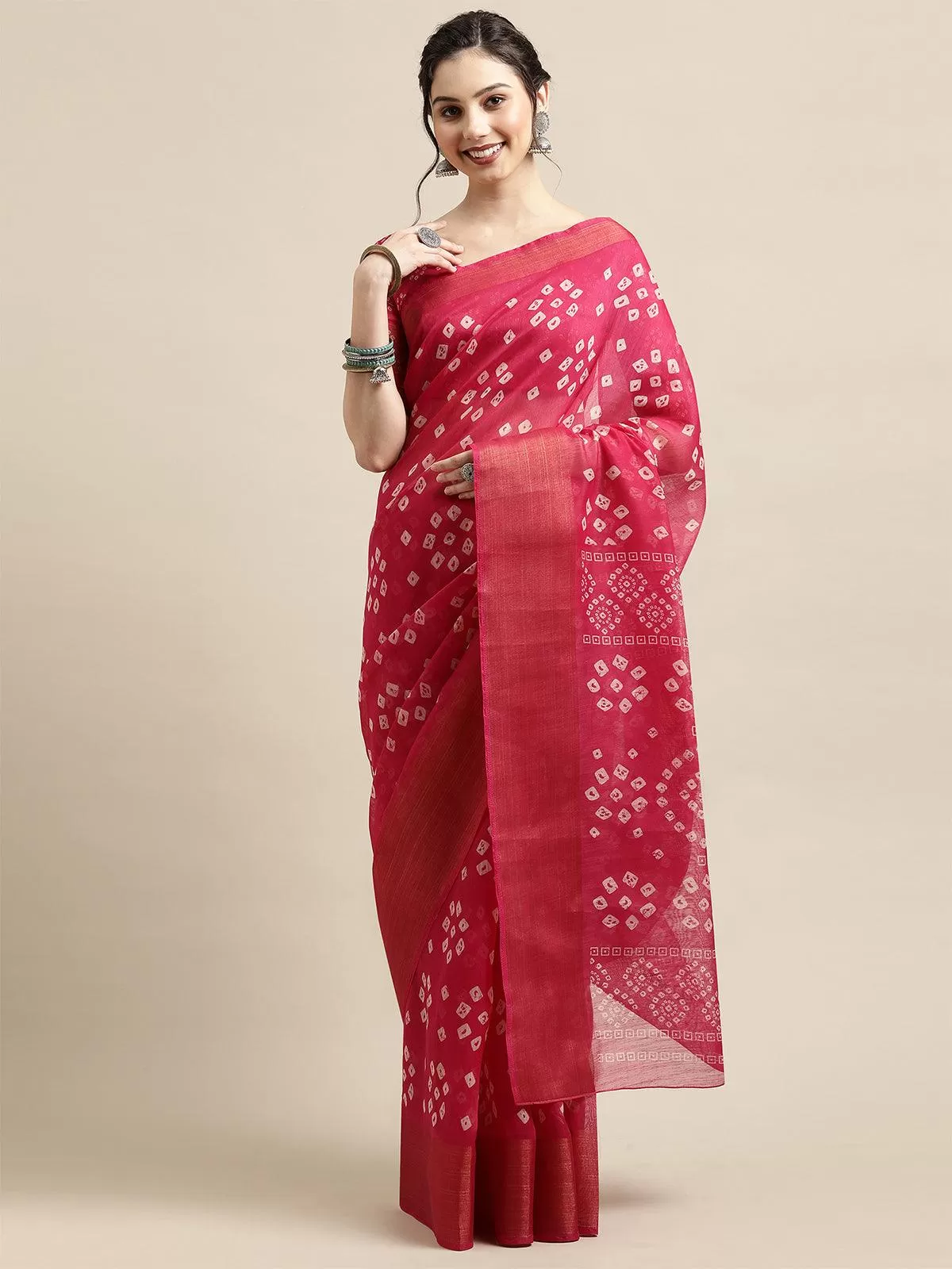 Odette Women Pink Casual Semi Linen Printed Saree With Unstitched Blouse