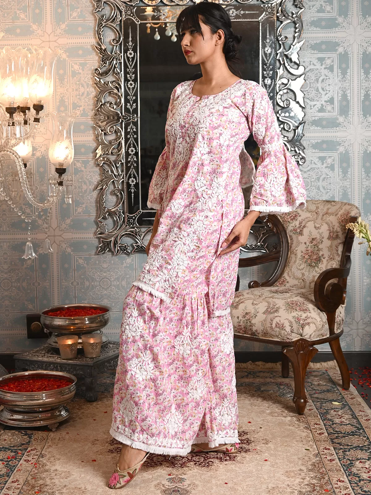 Odette Women Pink Cotton Printed Chikankari Embroidered Stitched Kurta With Sharara Pant