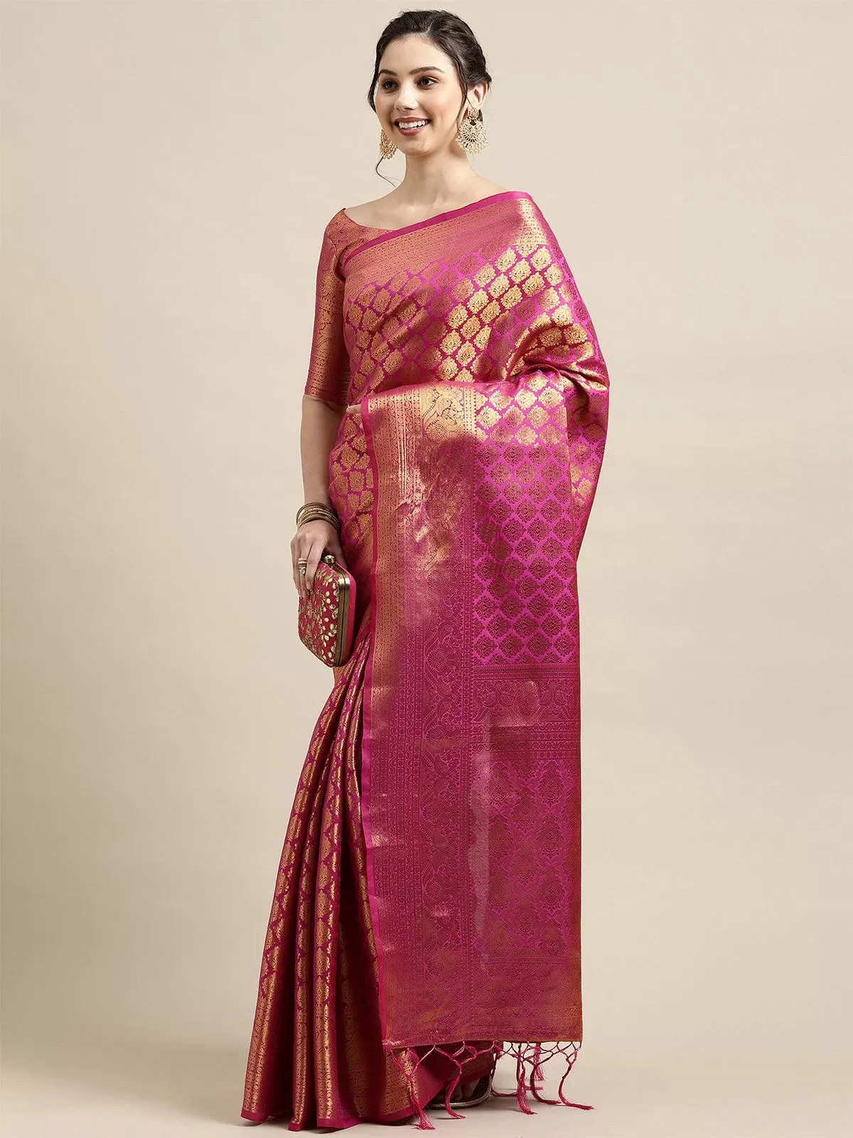 Odette Women Pink Festive Silk Blend Woven Design Saree With Unstitched Blouse