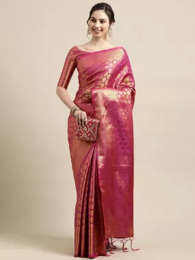 Odette Women Pink Festive Silk Blend Woven Design Saree With Unstitched Blouse