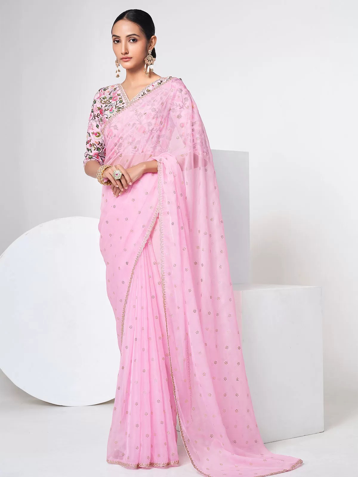 Odette Women Pink Organza Saree With Unstitched Blouse