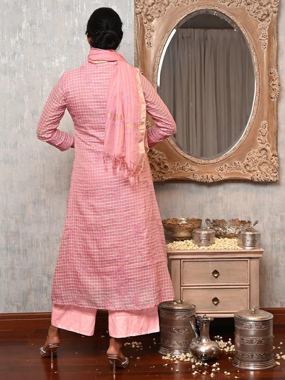 Odette Women Pink Shimmer Voile Chikankari Embroidered Unstitched Kurta Set