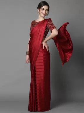 Odette Women Red Casual Georgette And Satin Solid Saree With Unstitched Blouse