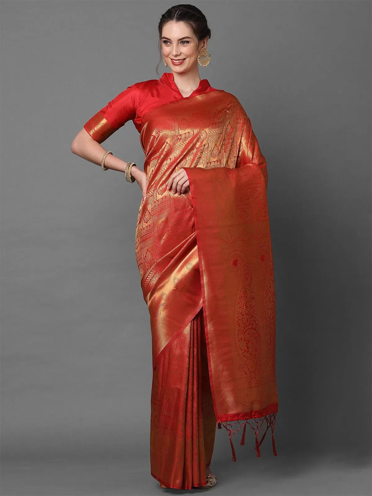 Odette Women Red Party Wear Kanjivaram Silk Woven Design Saree With Unstitched Blouse