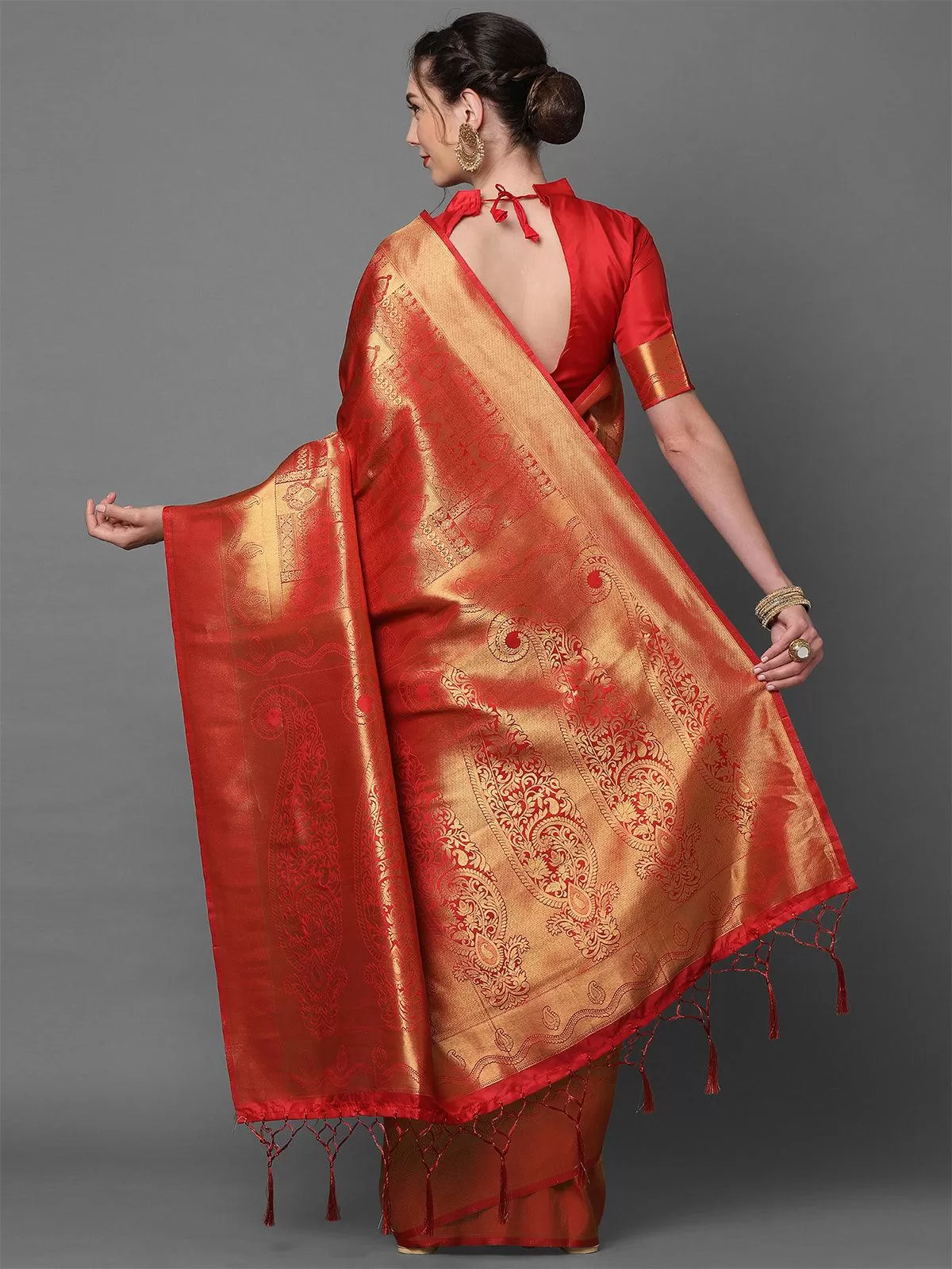 Odette Women Red Party Wear Kanjivaram Silk Woven Design Saree With Unstitched Blouse