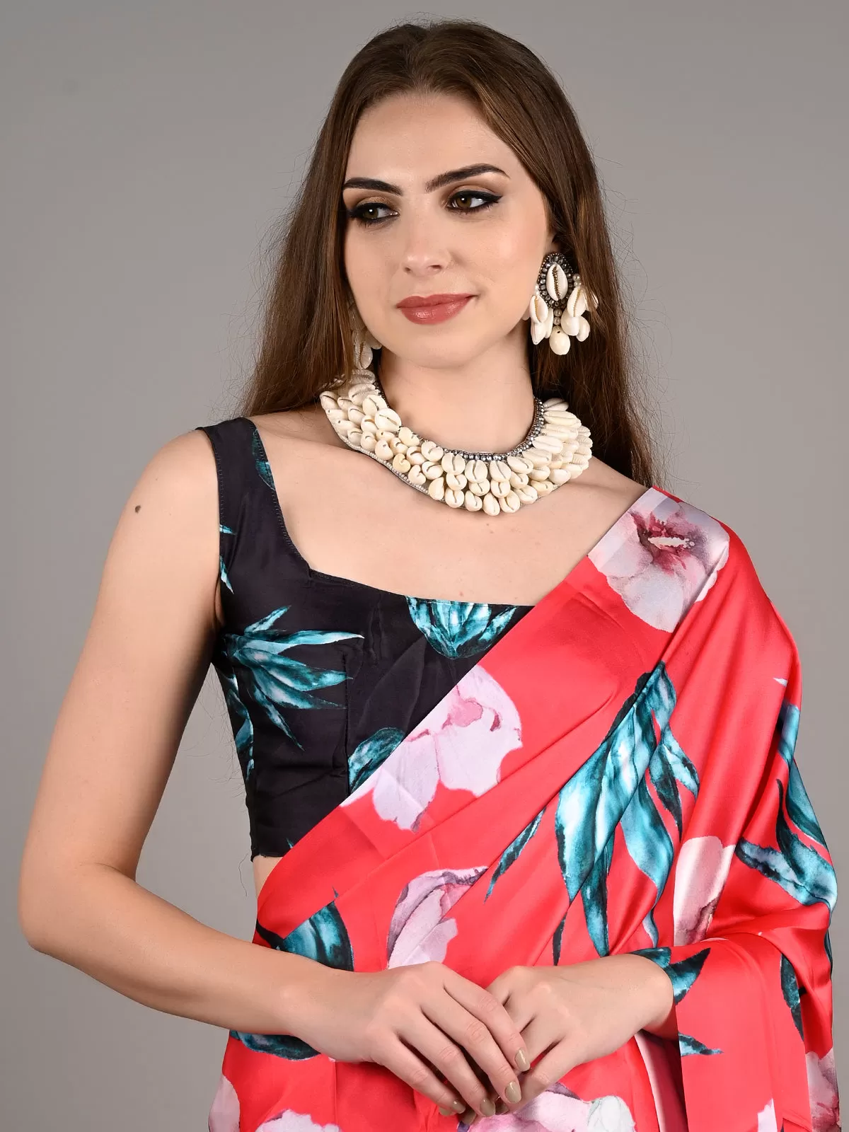 Odette Women Red Satin Crepe Printed Saree With Unstitched Blouse