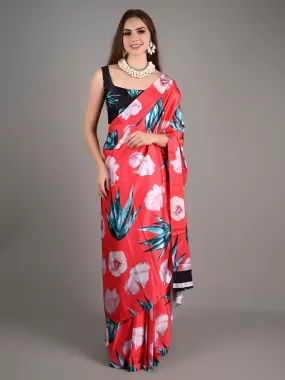 Odette Women Red Satin Crepe Printed Saree With Unstitched Blouse