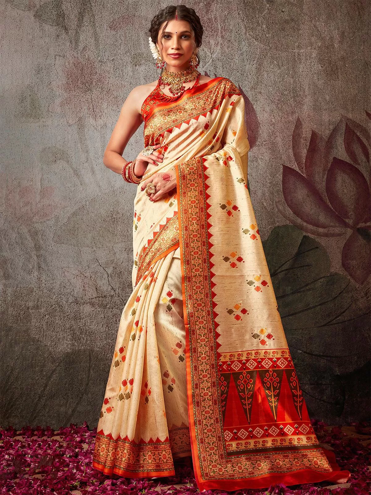 Odette Women Silk Blend Apricot And Red Printed Designer Saree With Unstitched Blouse