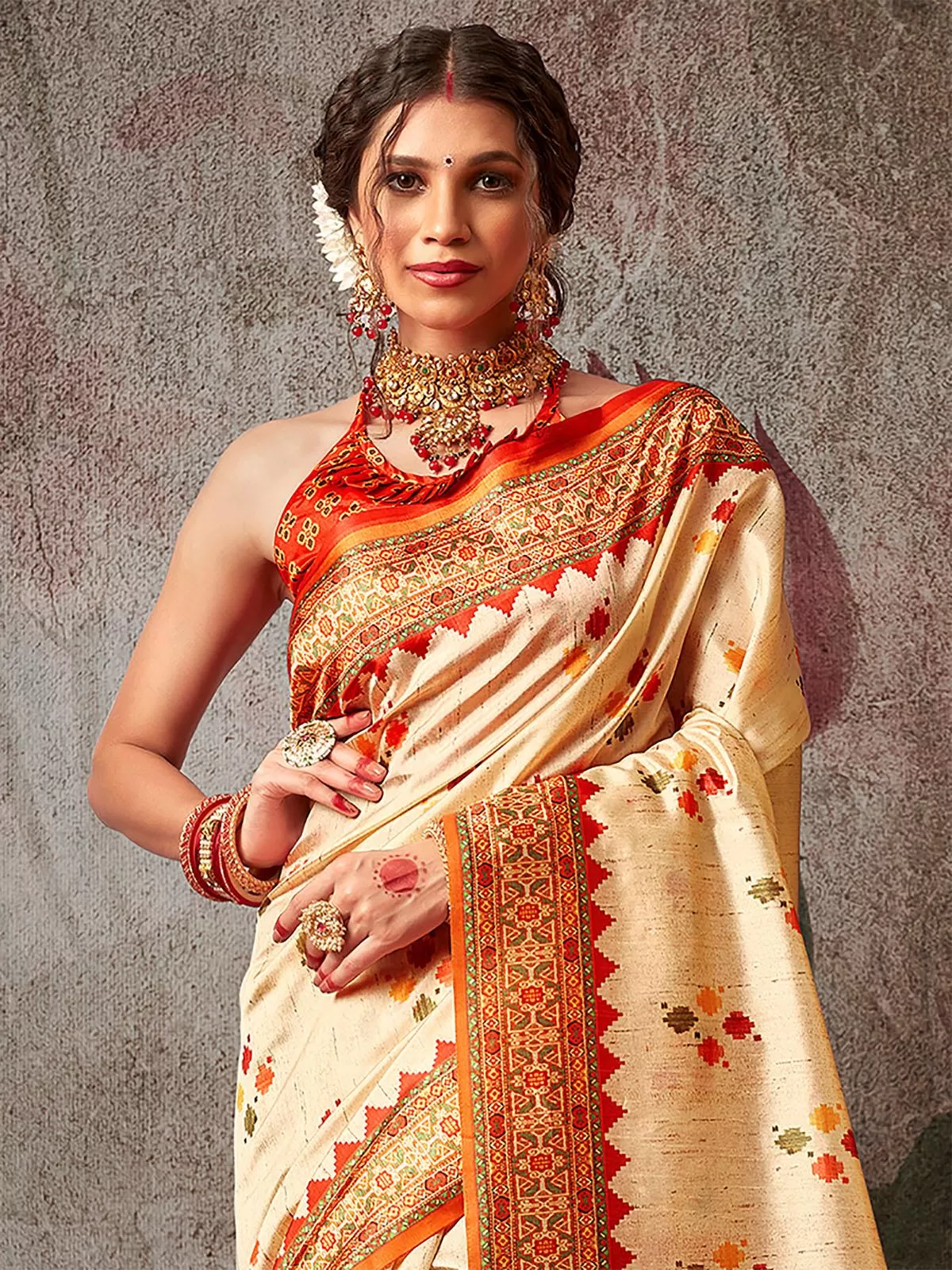 Odette Women Silk Blend Apricot And Red Printed Designer Saree With Unstitched Blouse