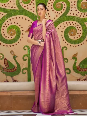 Odette Women Silk Blend Magenta Woven Design Handloom Saree With Blouse Piece