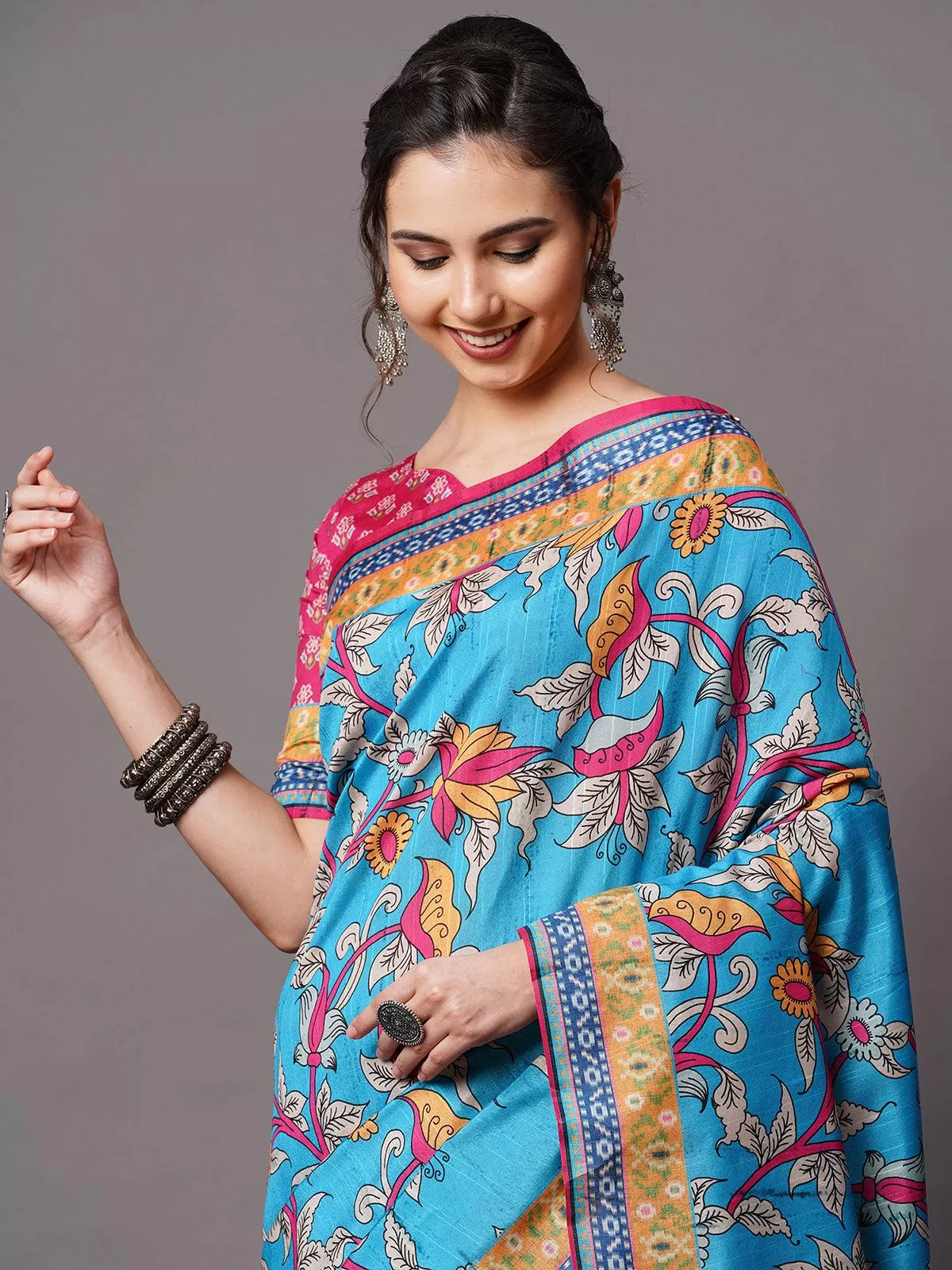 Odette Women Sky Blue Festive Bhagalpuri Silk Printed Saree With Unstitched Blouse