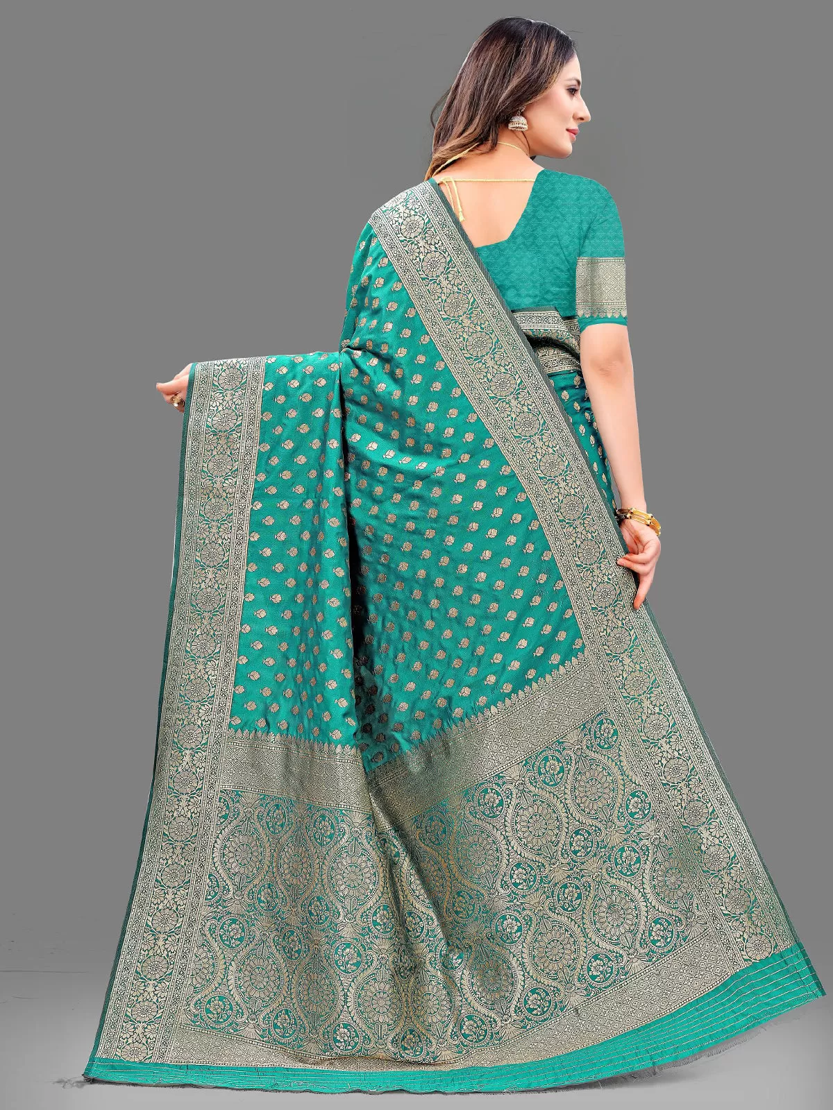 Odette Women Teal Silk Blend Woven Saree With Unstitched Blouse