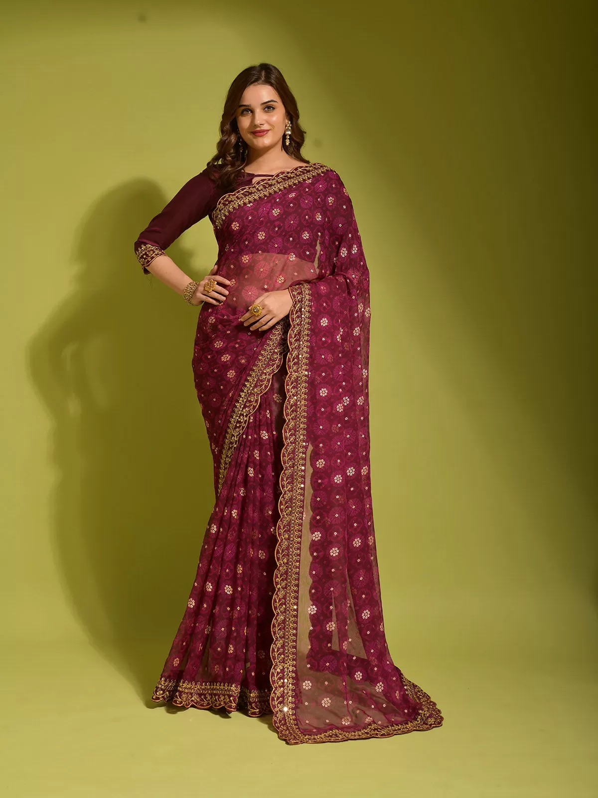 Odette Women Violet Georgette Designer Saree With Unstitched Blouse