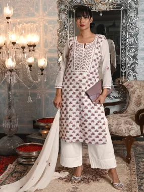 Odette Women White Striped Voile Chikankari Embroidered Unstitched Kurta Set