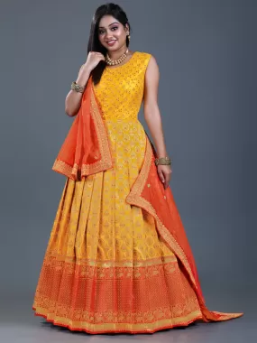 Odette Women Yellow Banarasi Silk Woven Stitched Gown