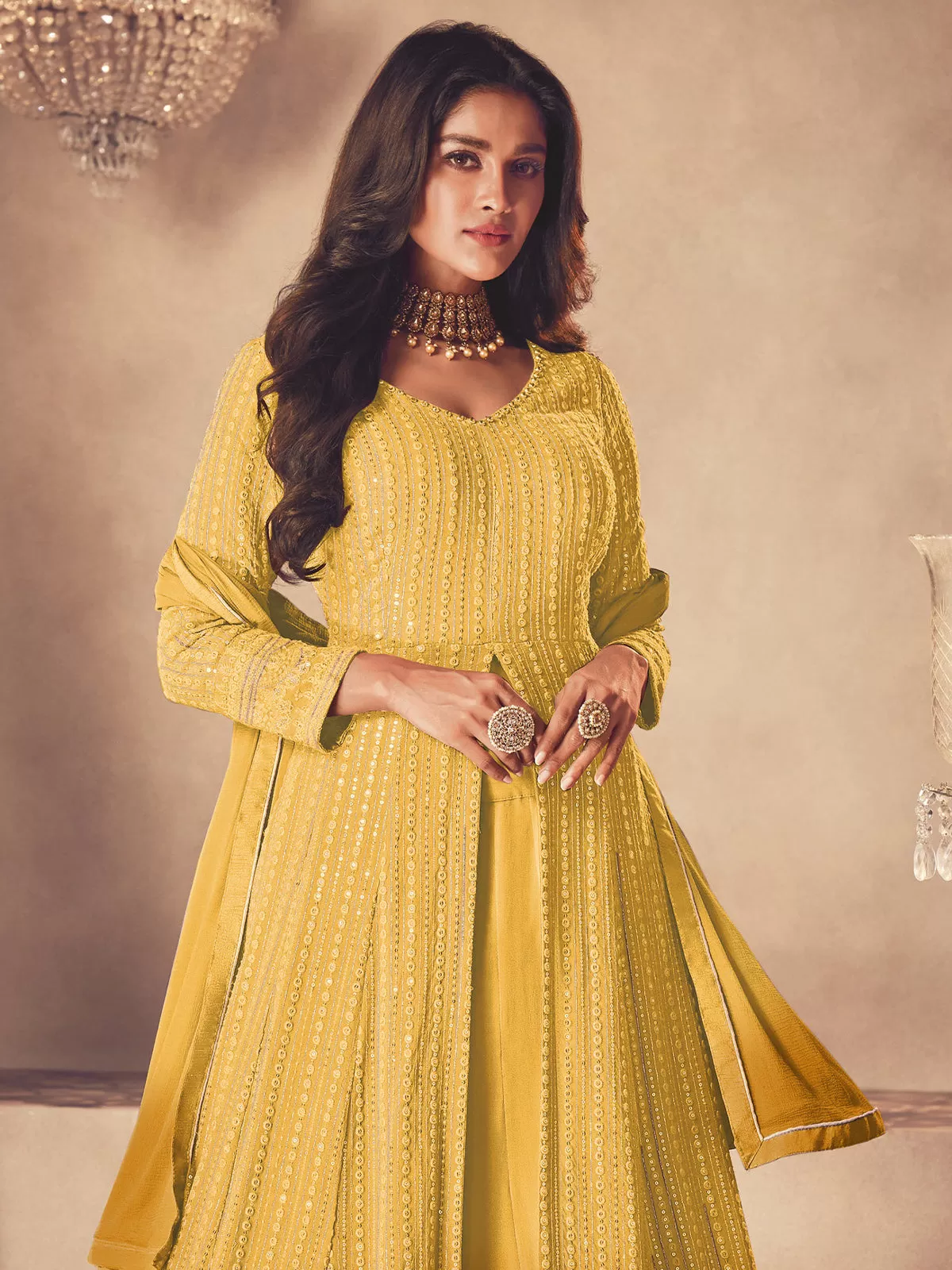 Odette Women Yellow Embroidered Georgette Partywear Semi Stitched Anarkali Salwar Suit