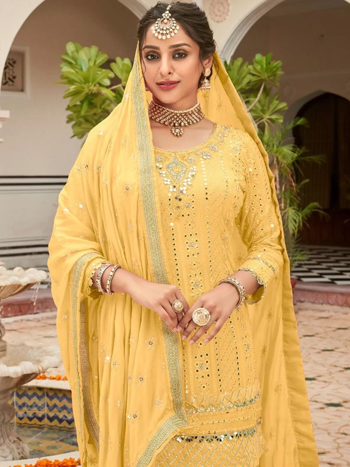 Odette Women Yellow Partywear Sequence Embroidered Georgette Sharara Semi Stitched Suit