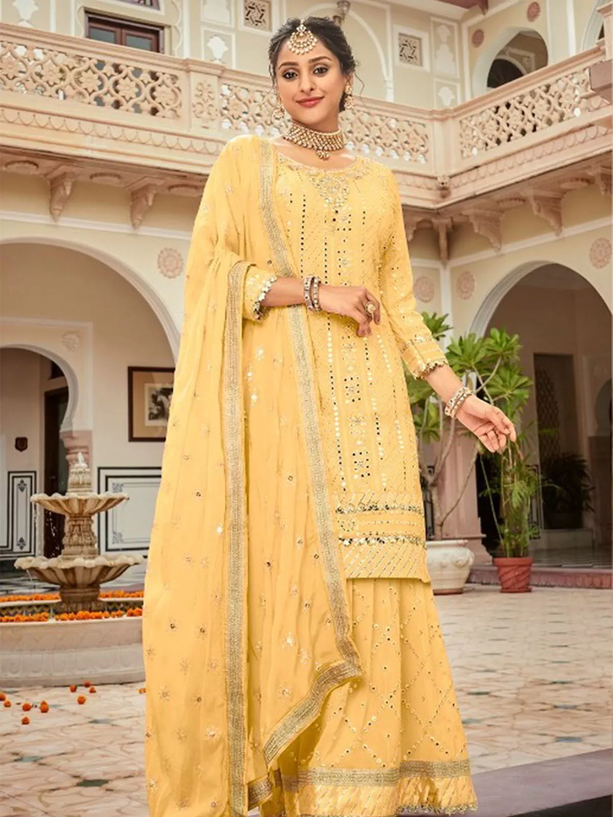 Odette Women Yellow Partywear Sequence Embroidered Georgette Sharara Semi Stitched Suit