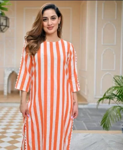 Orange And White Stripes Rayon Kurti Pant Set Of 2