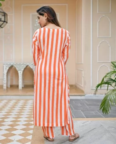 Orange And White Stripes Rayon Kurti Pant Set Of 2