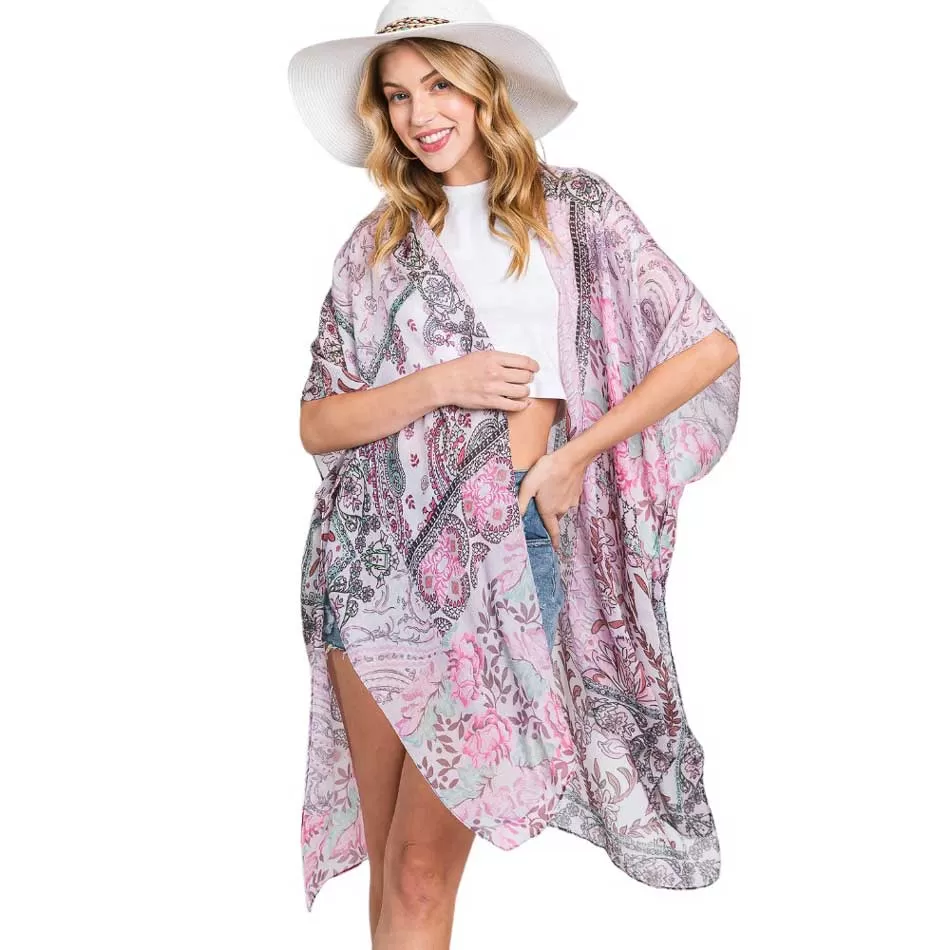 Paisley Flower Print Kimono Poncho