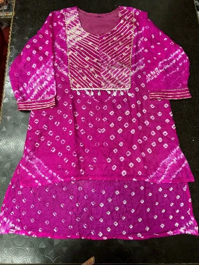 Pink Bandhani Print Pure Tapeta Silk Short Kurti With Dhoti