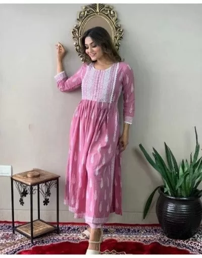 Plus Size Pink Mirror Work Kurti Pant Set Of 2