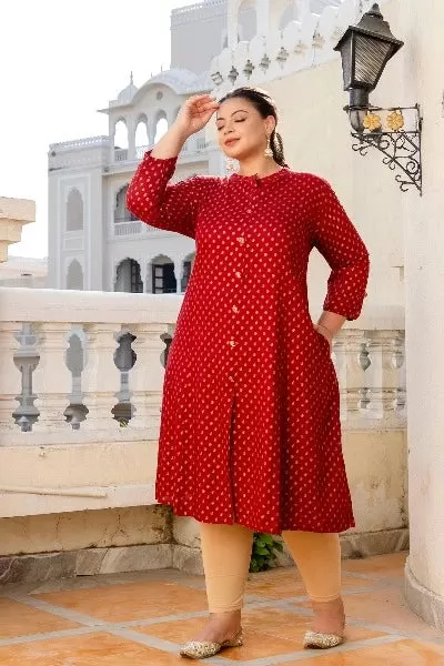 Plus Size Red Front Slit Princess Cut 'A' Line Kurti