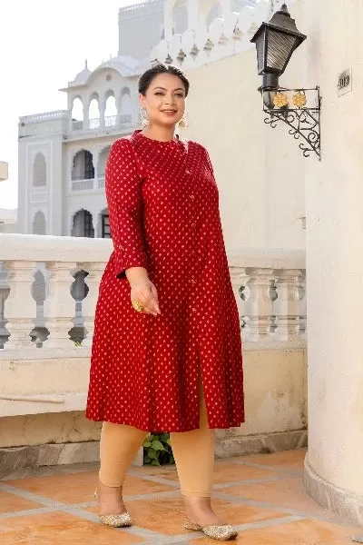 Plus Size Red Front Slit Princess Cut 'A' Line Kurti