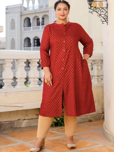 Plus Size Red Front Slit Princess Cut 'A' Line Kurti