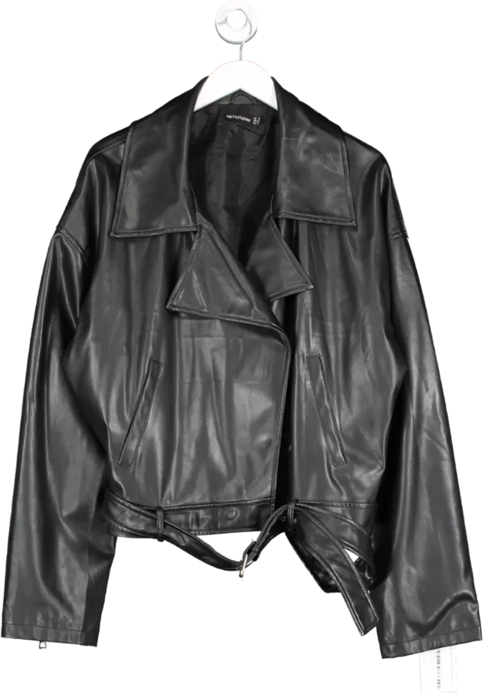 PrettyLittleThing Black Faux Leather Super Cropped Belted Biker Jacket UK 16